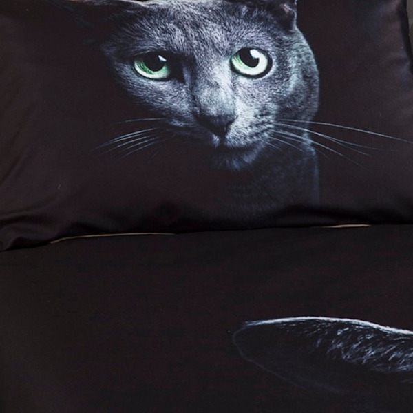 3-delat Set med Mjukt Täcke med 3D Svart Katt Tryck i Polyester (Queen Size)