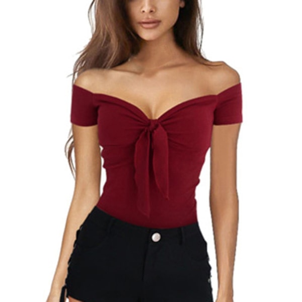 Dam Topp med Off Shoulder, Kort Ärm, Knyt Fram, T-shirt Blus för Dagligt Datum, Shopping, Resa, Vinröd XL
