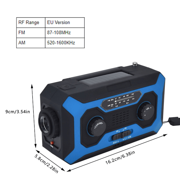 Håndsveiv Nød Væradio AM/FM Bytte Batteriindikator Lommelykt Solcelle Power Bank for Utendørs Camping Blå EU-Versjon