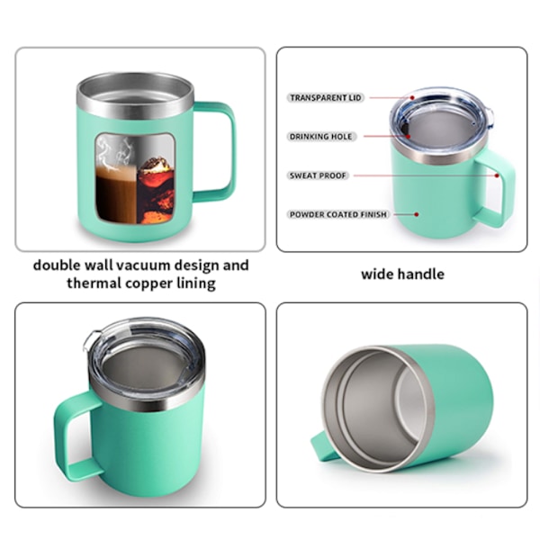 Mode-kaffe-kopp i rostfritt stål med handtag, dubbelväggig isolering
