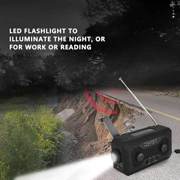 Handvevad Nödradio AM/FM Växling Batteriindikator Ficklampa Solcellsladdare för Utomhuscamping Svart EU-version