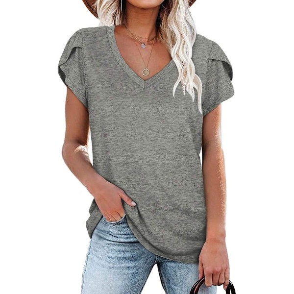 Toppar för kvinnor, V-ringad, sommar, blombladärm, avslappnad T-shirt