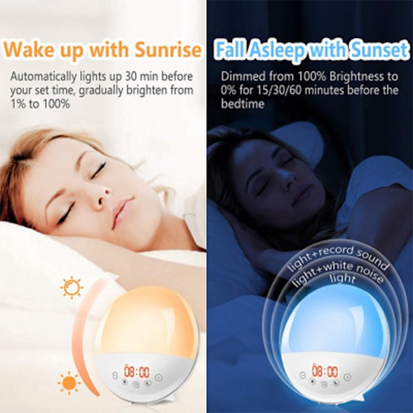 Wake Up Light Sunrise Alarm Clock, 7 färger nattlampa vid sängen med soluppgång/solnedgång simulering, dubbla larm, snooze-funktion, FM-radioklocka & 7