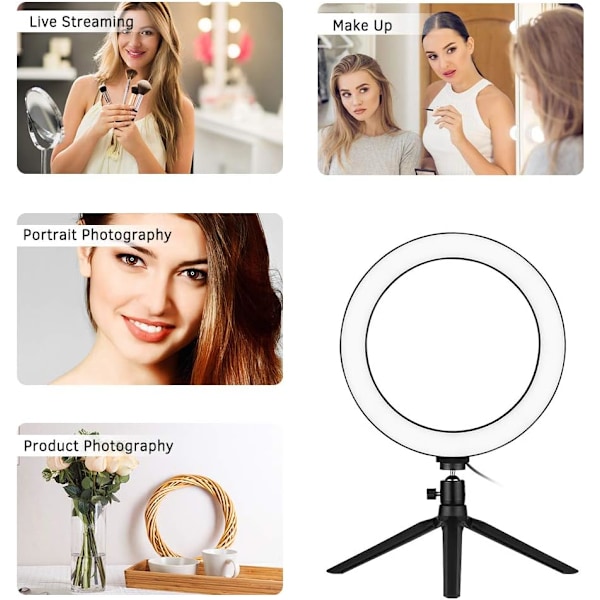 10 tums LED-ringljus med stativstativ 3200K-5500K Dimbar bordskameralampa 3 ljuslägen och 10 ljusstyrka för YouTube-videofoto