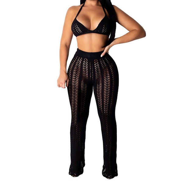 Dam Knypplad Hål-Ut Kostym Halter Neck Triangel Bh Långa Byxor Snygg Kryddig Casual Mesh Set för Musikfestival Semester Svart L