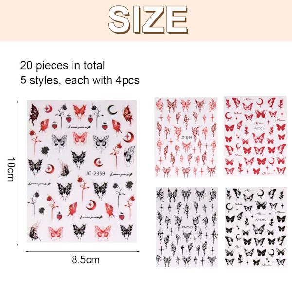 20 Ark Fjärilsnagelstickers Nageltillbehör för Nagelkonst Dekorationer Tillbehör, Flera Färger, 10.5*8cm