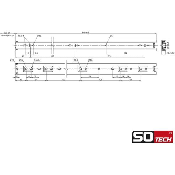 4 par KV-25-H35-L500-NF-MS 500 mm fuldudtræksskinner, standardversion, bæreevne