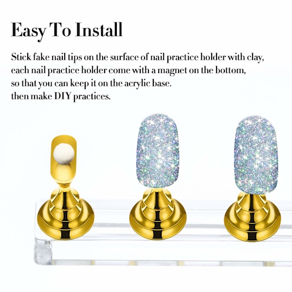 2 Set Akryl Nagelkonst Övningsställ Magnetiska Nagelspetshållare Tränings Fingerneglar Displayställ DIY Nagel Kristallhållare Gold