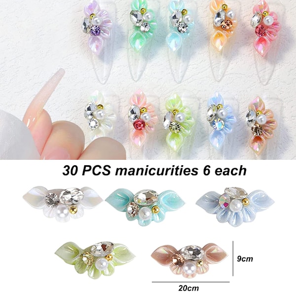 30 st Nagelsmycken, Resinblomma Nagelsmycken, Nagelkonst Dekorationer med Blommor Pärlor Form