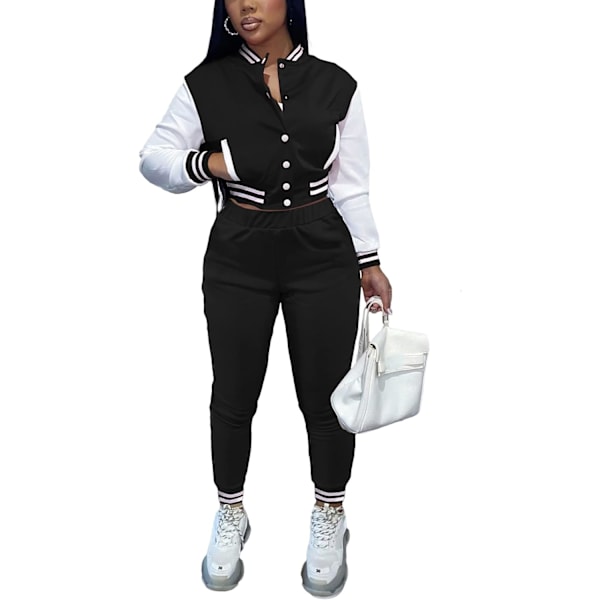 Dam Workout 2-delat Set med Knappar, Färgblock, Patchwork Jacka och Bodycon Långa Byxor, Spårningsdräkt$Damer Basebolljackor Casual Varsity Sammet