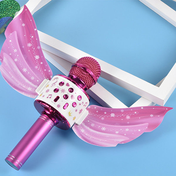 Børne Bluetooth Mikrofon Trådløs LED Lys Vinger Dekoration USB Genopladelig Håndholdt Legering Mikrofon Højttaler Pink