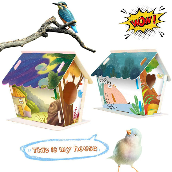 Hantverk för barn i åldrarna 4-8 - Pack DIY fågelhus-kit - Bygg och måla fågelholk (inkluderar färger och penslar) Träkonst för flickor pojkar småbarn i åldrarna