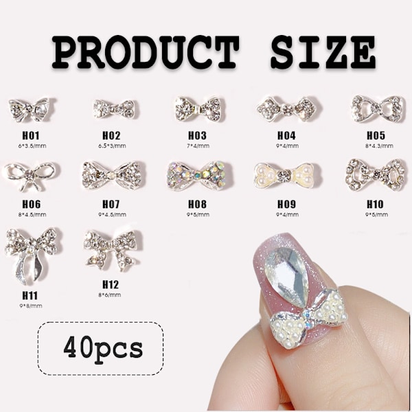 40 st Bowknot Nail Alloy Rhinestones för naglar Slips Nagelkristaller Naglar Juveler Rhinestones Nagelkonst Stenar Set