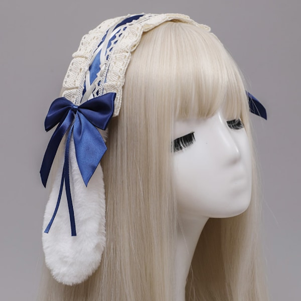 Hårbånd med kaninører, blonder, sløyfe og plysj - Maid-hodeplagg for Halloween-kostyme