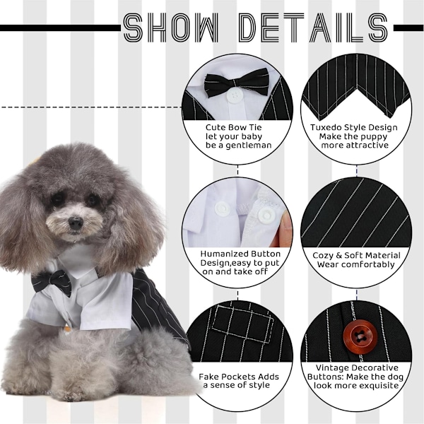 Hund Bröllop Smoking Kostym, Husdjur Formell Skjorta med Avtagbar Fluga Krage & Bandana Scarf för Små Medelstora Stora Ras (Svart)