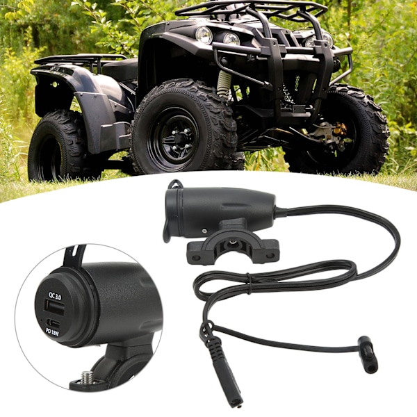 Motorcykel Telefonlader DC 10‑30V QC 3.0 PD 18W 2 i 1 Strømforsyning Ladeadapter Stik til 22‑30MM Styr Motorcykel ATV