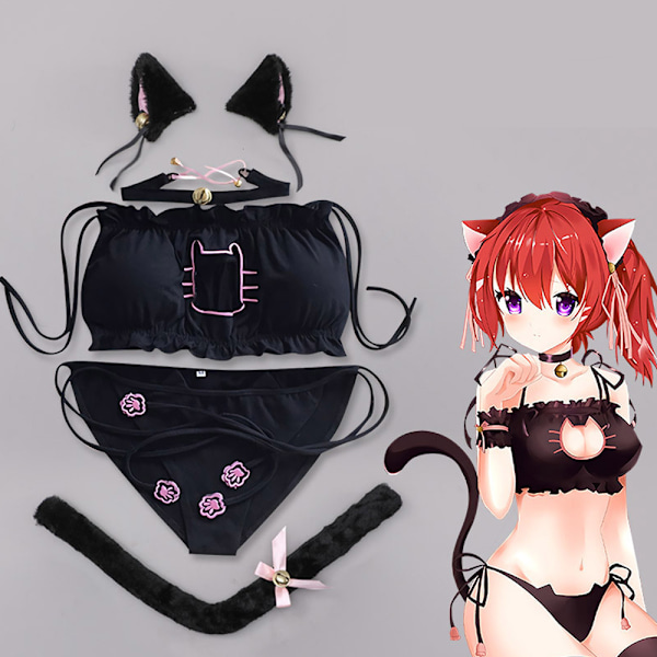 Kostym för kvinnor - Lingerieset med kattmotiv, nyckelhålsdesign, söt och sexig outfit, Halloween- och juldräkt - Svart