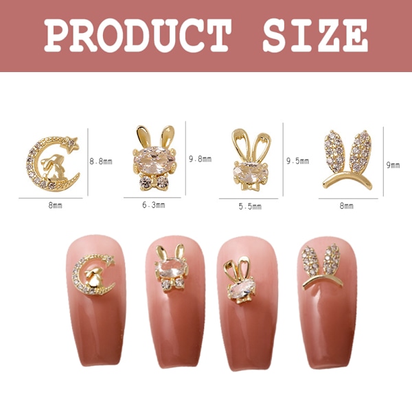 16 st glittrande diamantlegering 3D kanin kristall DIY nageldekoration