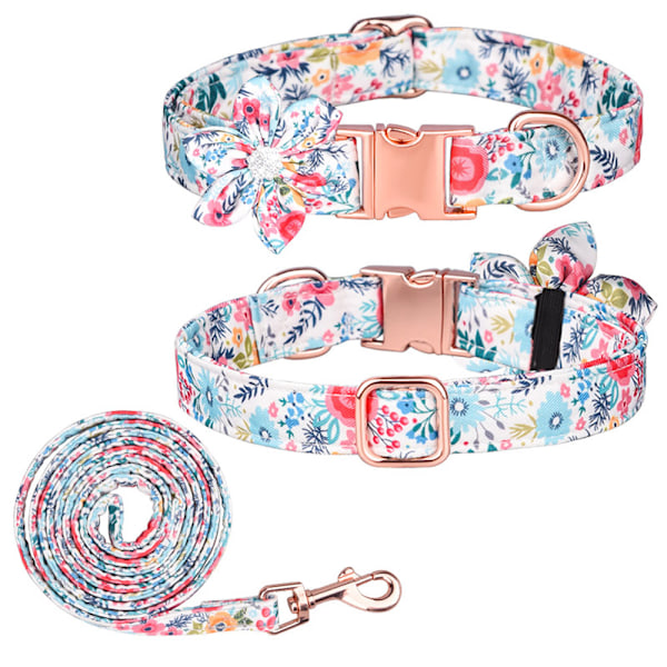 Halsband och koppel för hund, justerbart, starkt guldspänne med vacker fluga och blomsterkant