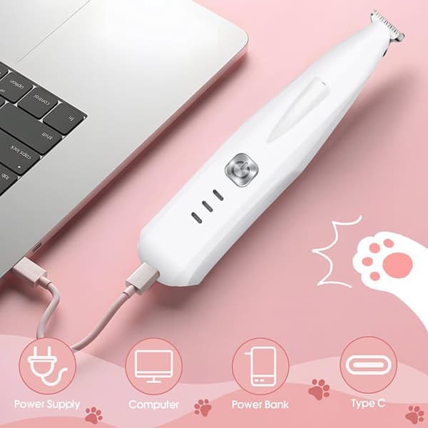 Hunde- og katteklipper - USB Type-C genopladelig pote-trimmer, LED, støjsvag <45 dB, keramisk klinge
