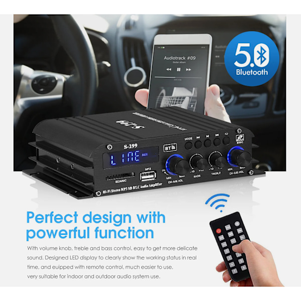 4-kanals Digital Forstærker med Bluetooth 5.0 til Hjem/Bil/Marine Amp USB Afspiller