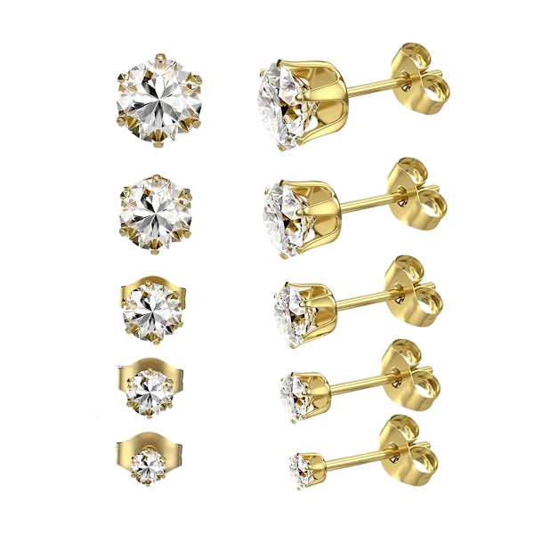 Dam 14K Guldpläterade CZ Stud Örhängen Simulerade Diamant Runda Kubiska Zirkonia Örhängen Set (5 Par)