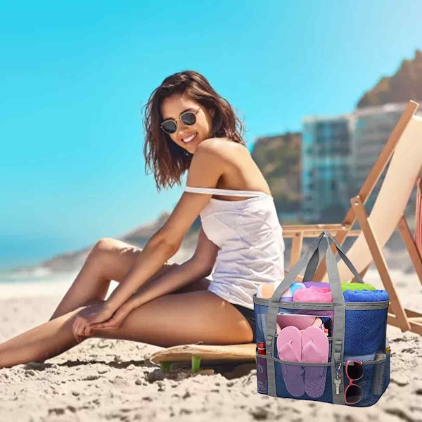 Stor Strandväska Poolväskor, Mesh Strandväska för Leksaker, Handduk, Flip Flops, Strandväska, 42*38*20cm