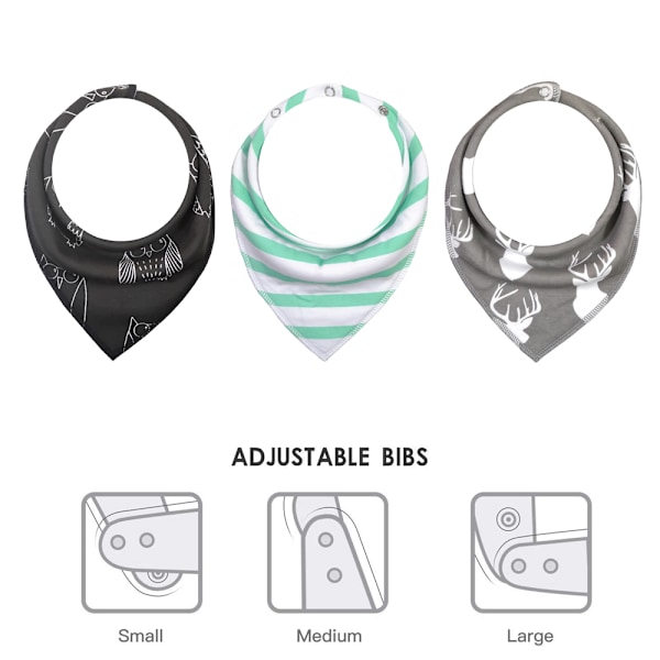 3-pack Baby Bandana-haklappar för pojkar och flickor med justerbara tryckknappar, ekologisk bomull, mjuk och absorberande