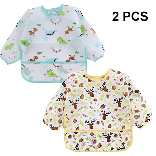 2-pack Långärmade Snuttset | Vattentäta Bebissnuttar med Fickor | Småbarnssnutt med Ärmar och Smulhållare | Fläck- och Luktresistent