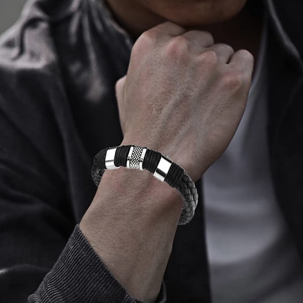 Armband för Män i Läder med Svart Magnetisk Rostfritt Stål Spänne Handledsmanchett
