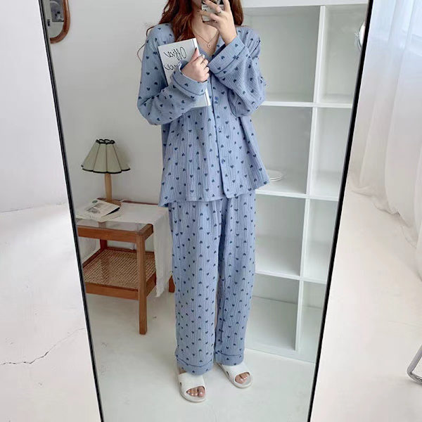 Dam Pyjamas Set med Knappar Långärmad Hjärtmönster Nedåtvänd Krage Lös Mjuk Dam Nattkläder för Vår Höst Hem Blå L