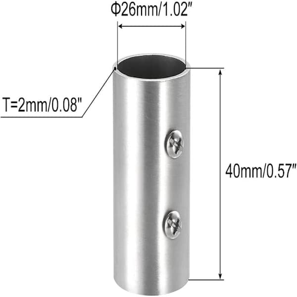 Lige rørkobling, tovejs, rustfrit stål gelænder, længde 40 mm, til rør med 1 \" (25 mm) udvendig diameter til balustrader