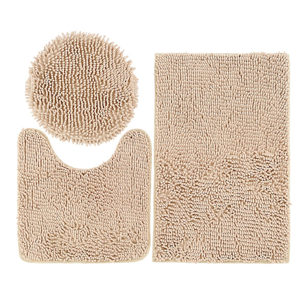 3 stk / sett Sklisikre Chenille Vann Absorberende Matte Toalettsett Bad Stue (Kamel)