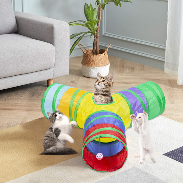 Kattunnel, hopfällbart rör med 1 leksaksboll, 3-vägstunnlar för inomhuskatter, valpar, kattungar, kaniner