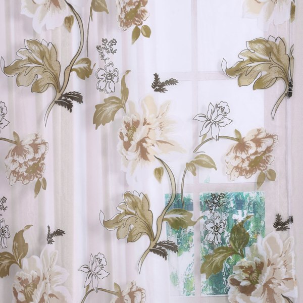 100*200cm Beautiful Flowers Printing Tulle Curtain Sheer Drape Balcony Window Decoration Brown