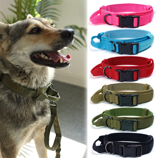 Taktisk hundhalsband justerbart militärhalsband: - Nylon K9-halsband med kontrollhandtag och tung