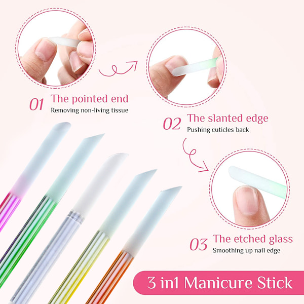 5 stk. Glas Neglebåndspusher Neglebåndspind Sæt Dobbeltsidede Neglefiler Manicure Filning Neglebåndsfjerner