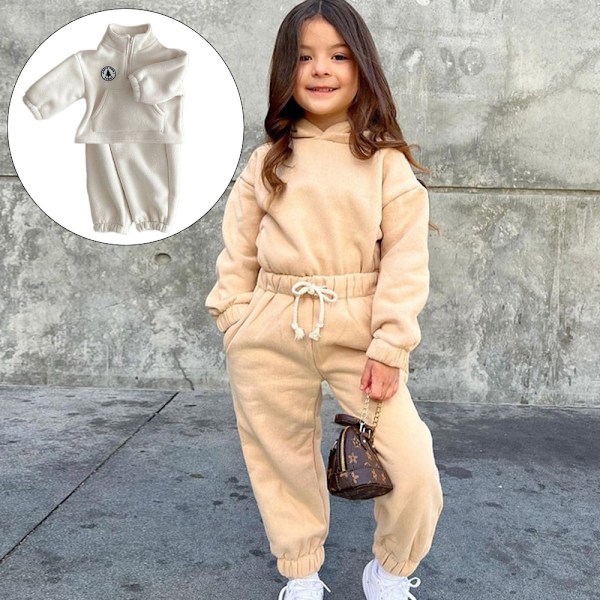 To-sidet fløjl lomme afslappet jakkesæt drenge og piger høj hals plys sweater todelt sæt (Off white)