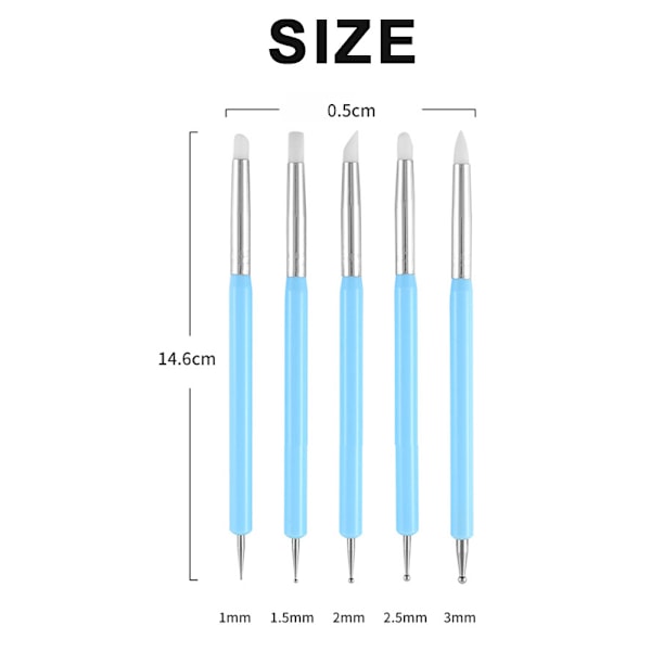 5-pack Nagelkonst Dotting Verktyg Penna Dubbelhuvud Carving Penna Nagel Silikon Borstar Set