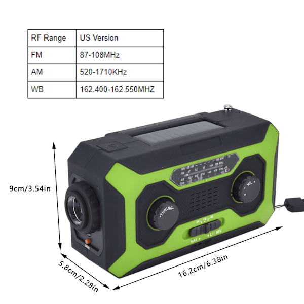 Handvevad Nödradio AM/FM Växling Batteriindikator Ficklampa Solcellsladdare för Utomhuscamping Grön US-version