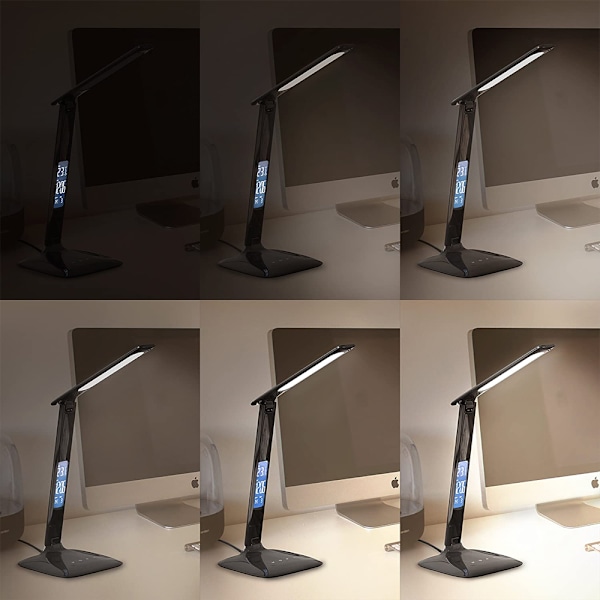 LED-bordslampa med trådlös laddare, USB laddningsport, justerbar hopfällbar bordslampa med klocka, larm, datum, temperatur, 5-nivåer dimbar