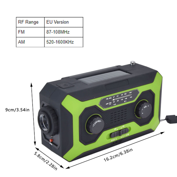 Håndsveiv Nød Væradio AM/FM Bytte Batteriindikator Lommelykt Solcelle Power Bank for Utendørs Camping Grønn EU-Versjon