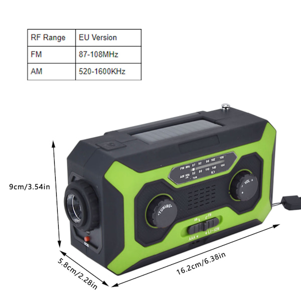 Käsikäyttöinen hätätilanteen sääradio AM/AM-kytkimellä, akun merkkivalo, taskulamppu, aurinkopaneeli, ulkokäyttöön, leirintään, vihreä EU-versio