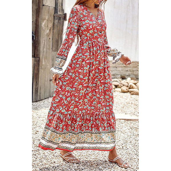 Långärmad Maxiklänning för Kvinnor - V-ringad Casual Knapp-ner Boho Blommigt Tryck Höst Långa Klänningar