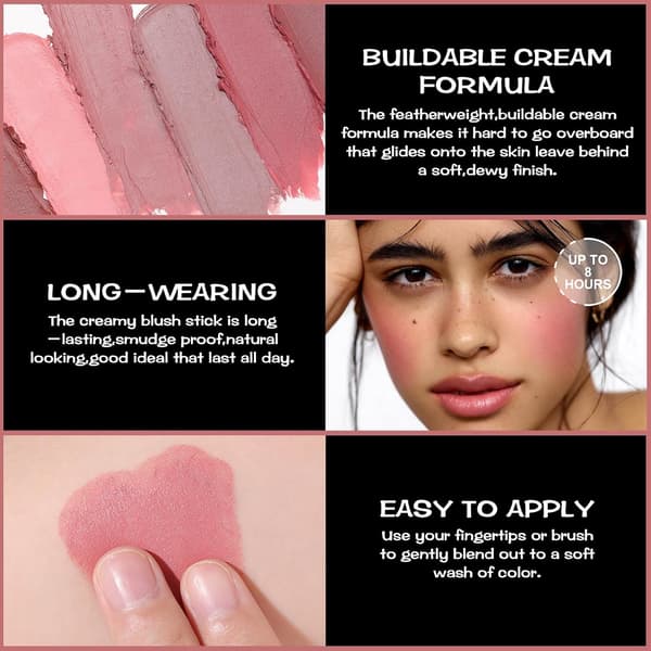 Cream Blush Makeup, Buildable Blush Stick for Cheeks, Matte and Dewy Finish, Long-lasting, Easy Application, Lightweight Multi Stick, ROSE FLUSH