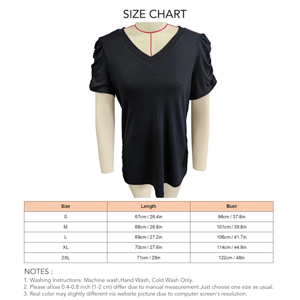 Dam T-shirt med V-ringning, korta puffärmar, veckad kant, löst sittande, sommar, casual, svart, S