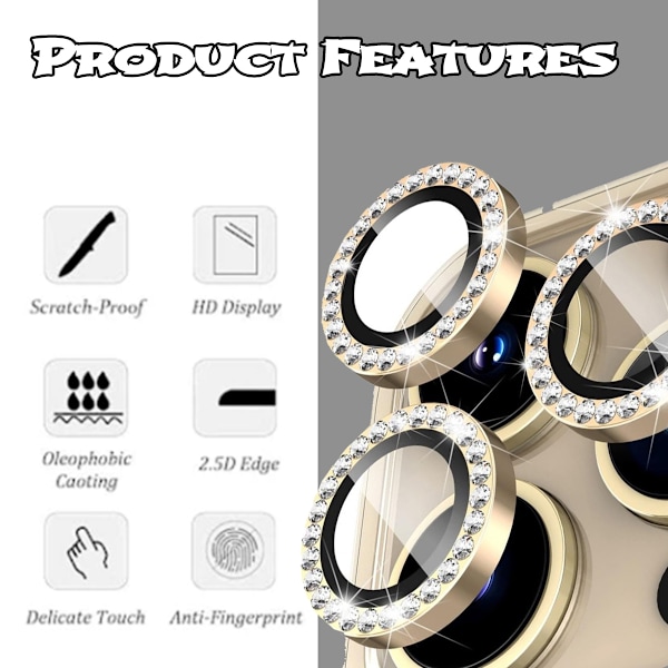 För iPhone 16 Pro 16 Pro Max Kamera Linsskydd härdat glas+metallring - Guld Guld