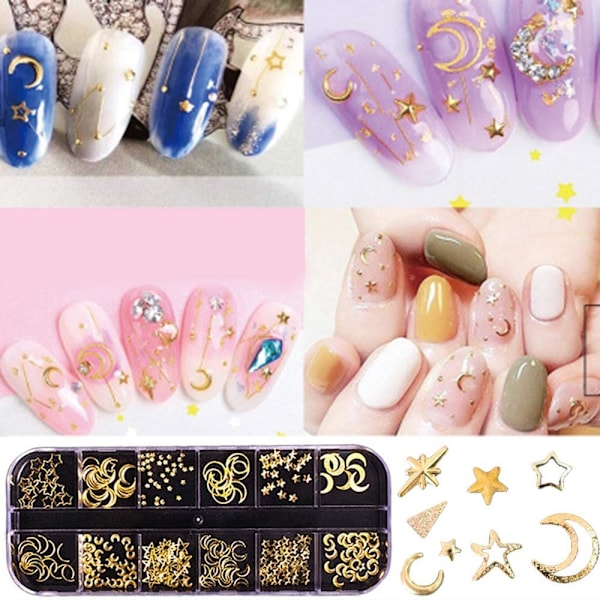3D Nails Art Metall Berlocker Dubbar Juveler Dekaler Dekorationer Tillbehör 800+ bitar Guldnagel Mikrokaviarpärlor Star Moon Nit Design Tillbehör med