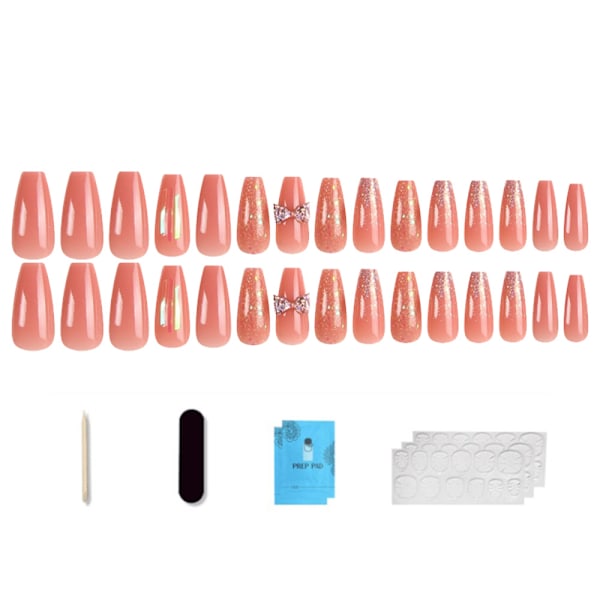 Nya handburna naglar - 30 långa trapetsformade nagelplåster - 7 stycken nagelverktyg i neutral förpackning.