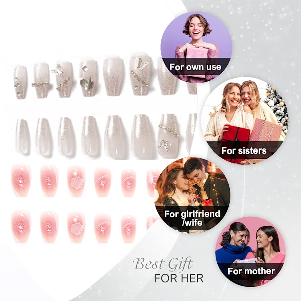 Två set med långa naglar, trapetsformade nageldekorationer, nagelplåster, färdiga produkter, kompletterande nagelverktyg
